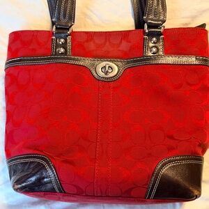 Coach Signature Red Tote with Black Trim